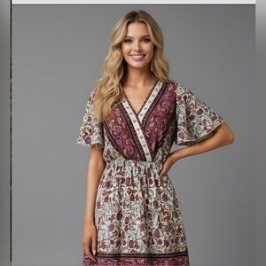 Burgundy Floral Print Butterfly Sleeve Dress